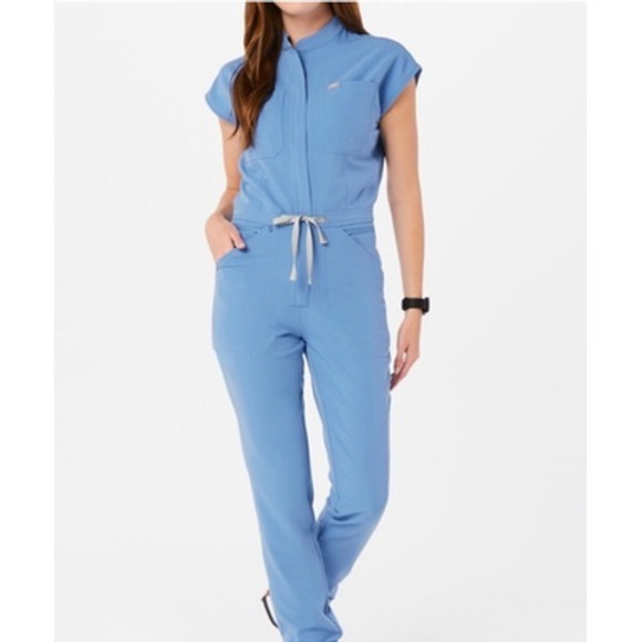 Figs Pants - Figs Women's Light Blue Short Sleeve Medical Jumpsuit Romper